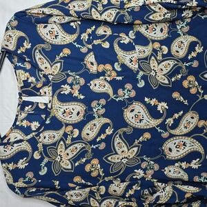 Lily White Blue Floral Paisley 3/4 Sleeve Pillover Blouse Size L Bloomcore Boho